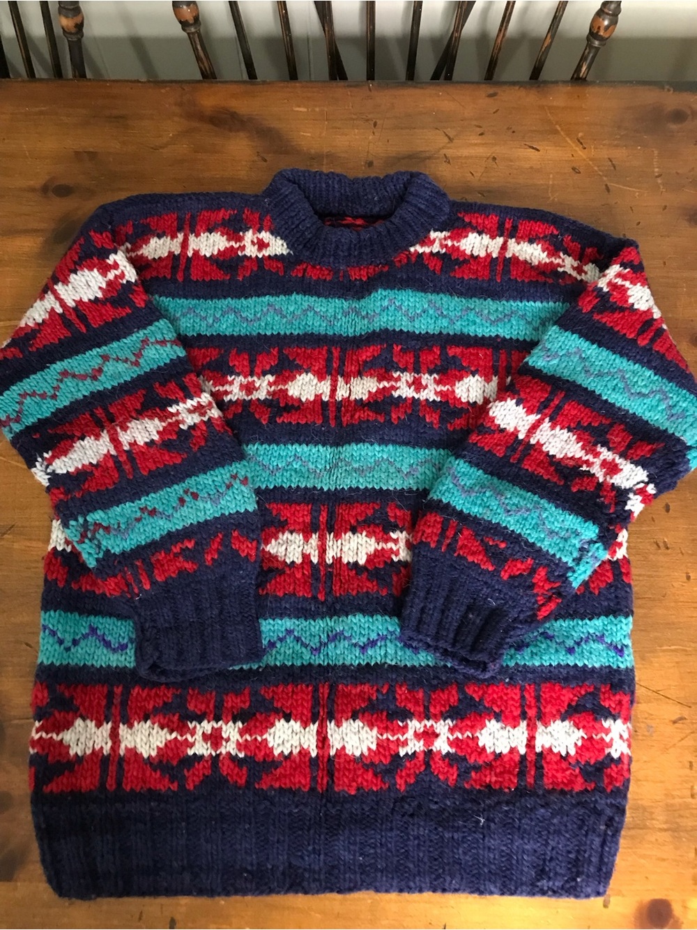 Extra Thick Wool Men's Patterned Crewneck Sweater in Navy w/ Red & Teal Stripes